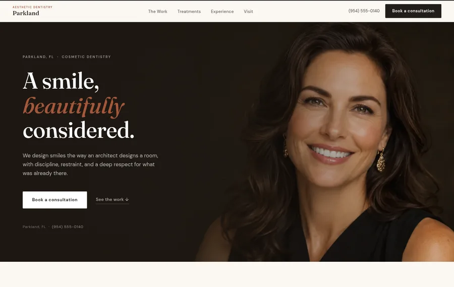 Parkland Aesthetic Dentistry — a quiet-luxury cosmetic website built by Cura