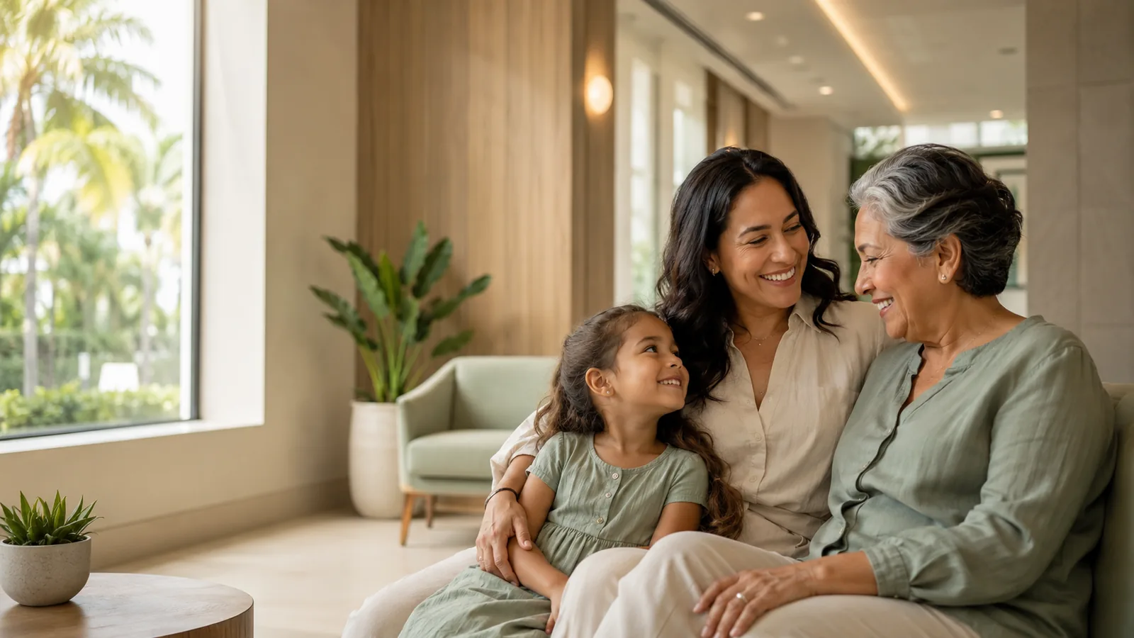 Three generations of a family, grandmother, mother, and young daughter, relaxing together in a bright room