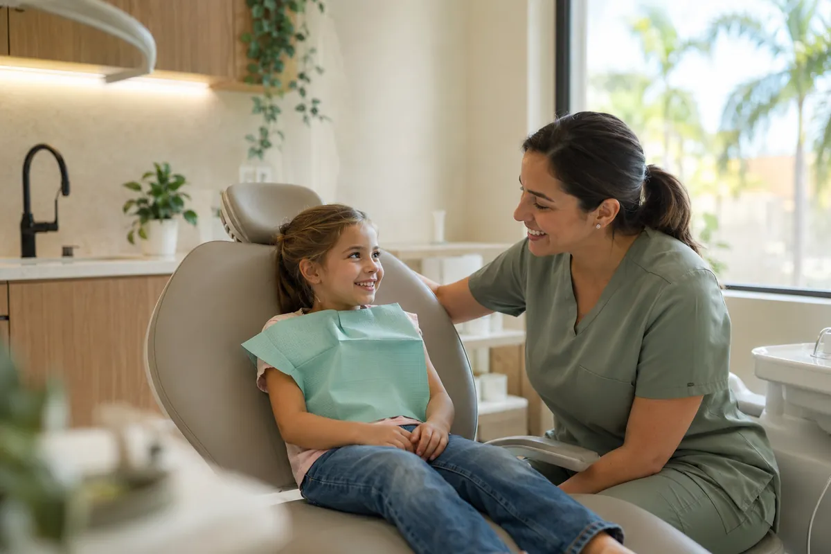 Happy young girl sitting in a dental chair, smiling with her hygienist