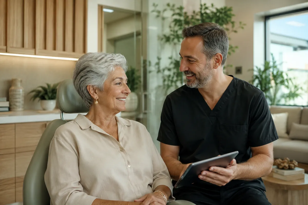 Older woman smiling with her dentist during a consultation