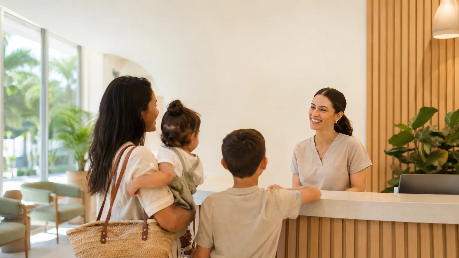 Friendly receptionist welcoming a mother and her children at the front desk of Coral Springs Family Dental