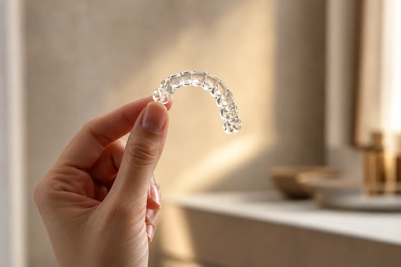 Hand holding a clear dental aligner up to soft light