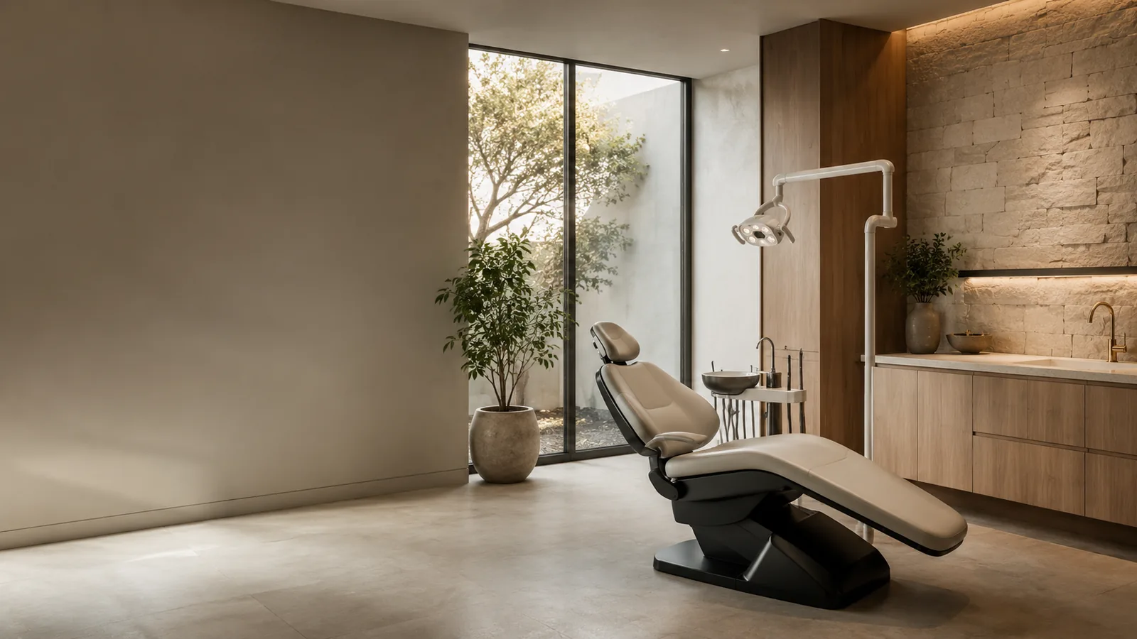 Serene luxury dental treatment suite with stone wall and warm oak finishes