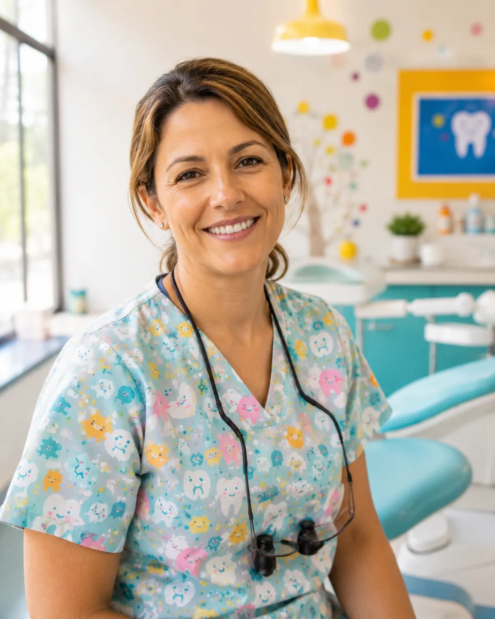 Friendly female pediatric dentist in tooth-print scrubs smiling in the colorful office