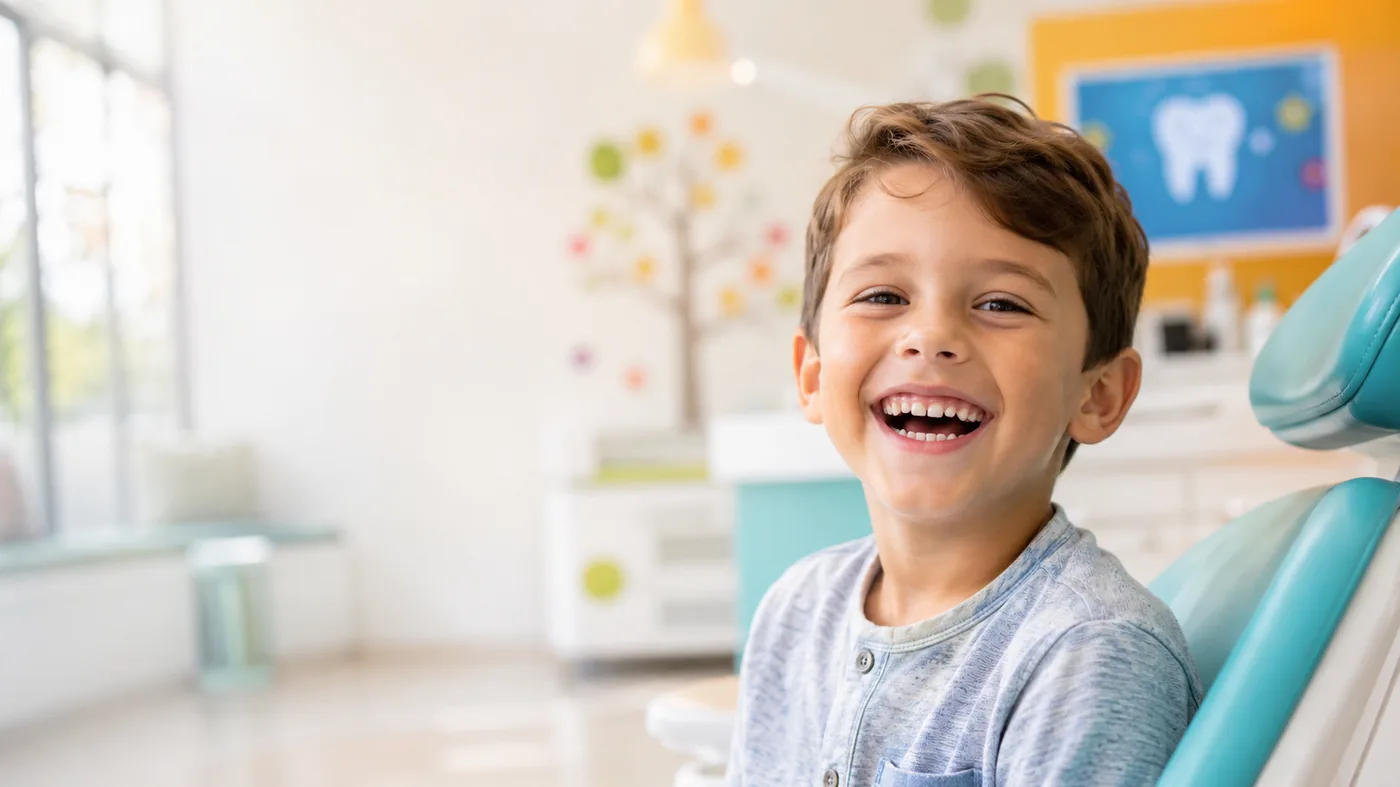 A happy laughing boy sitting in a bright teal pediatric dental chair