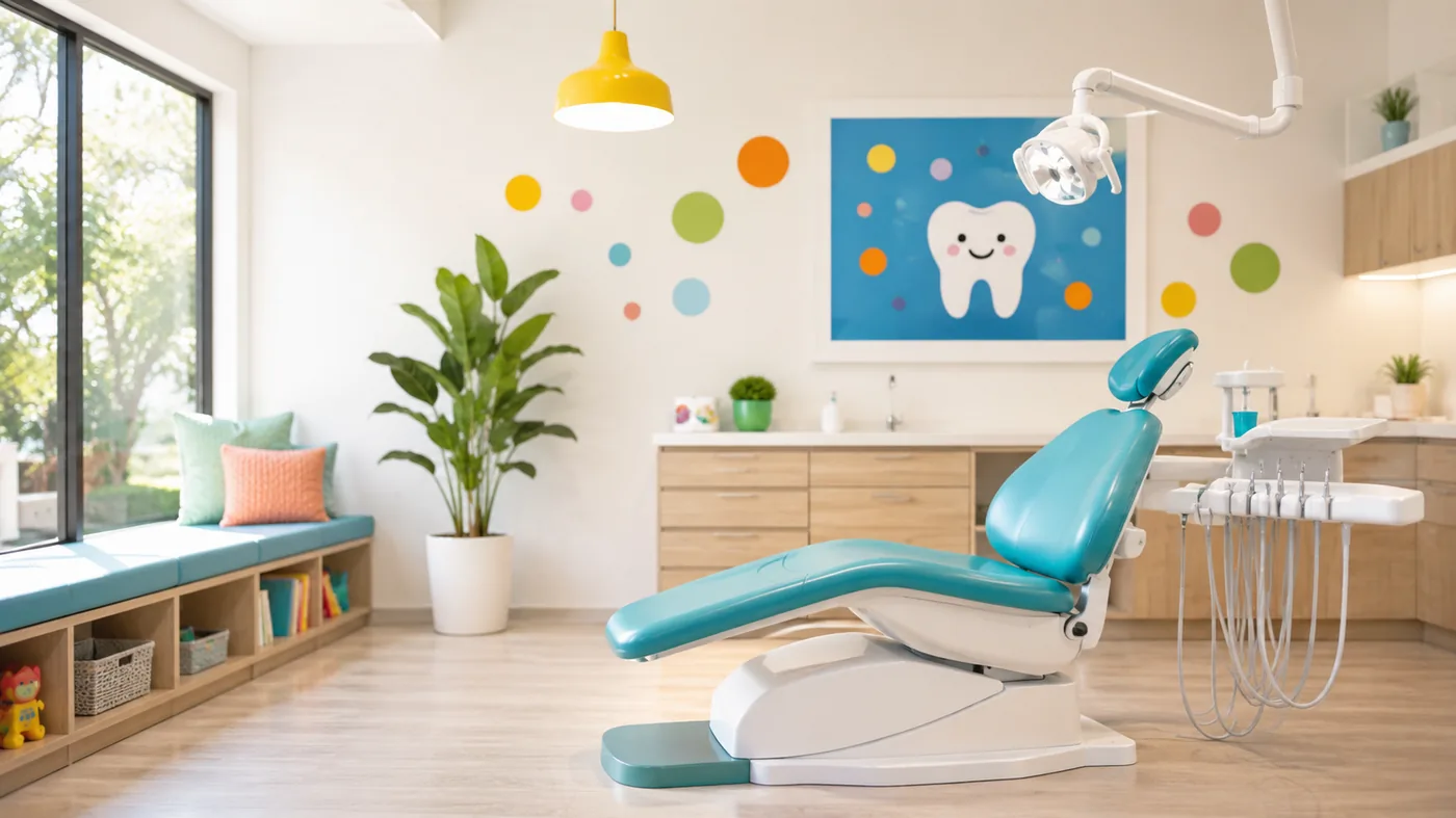 Bright playful pediatric operatory with teal chair, yellow pendant light, and smiling-tooth wall art