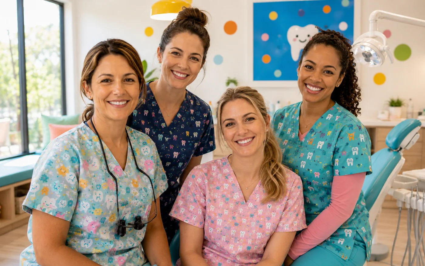 Four friendly smiling staff members in fun scrubs in the playful pediatric office